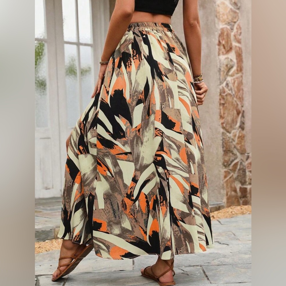 Boho Breeze Maxi Skirt XL Tropical Print with Slit | Orange Black Resort Style - Picture 4 of 7